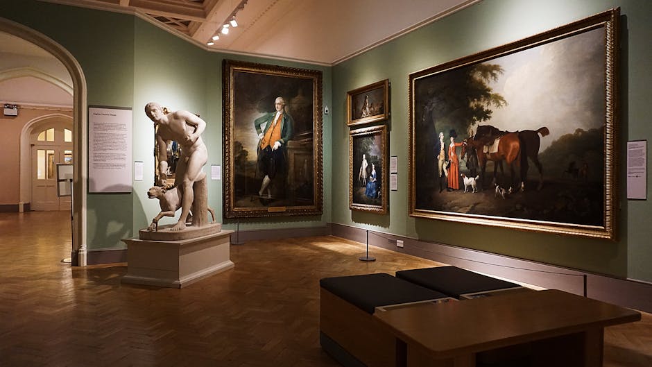 Interior of an art museum gallery with paintings on walls